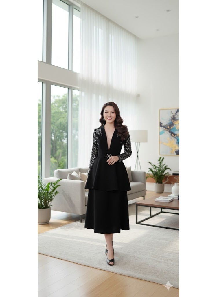 FULL JOY Elegant Women's Dress with luxury plunging neckline and Long Sleeves adorned with Shimmering embroidery,Fashion Dress. - Image 1